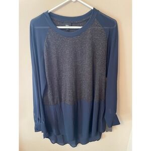Mossimo Womens Mixed Media Raglan Top Navy Grey Sheer Sleeve High Low Blouse M